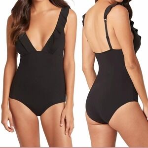 Sea Level Australia Womens Sz 8 Swimsuit 1 Piece Ruffle Plunging Powermesh Black